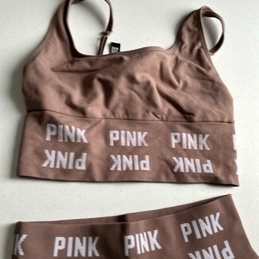 Light brown Victoria’s Secret leggings and sports bra set